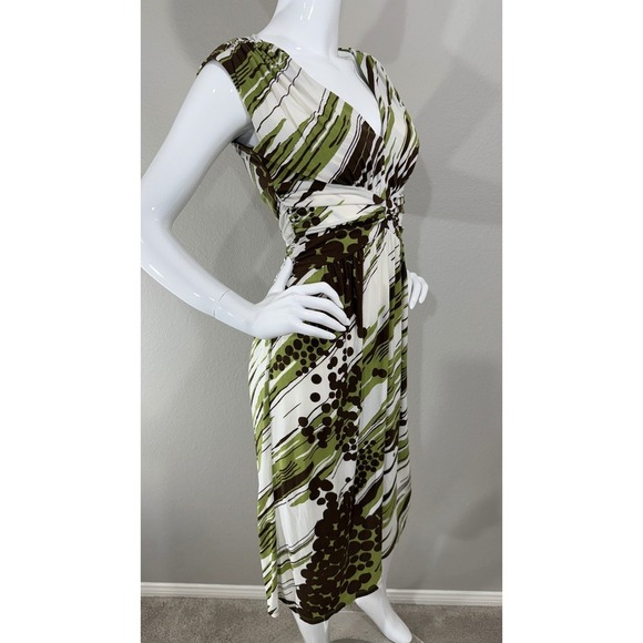 VTG BCBG Paris Dress Sz M Stretchy Y2K Ruched Jersey White Green Brown - Picture 8 of 9